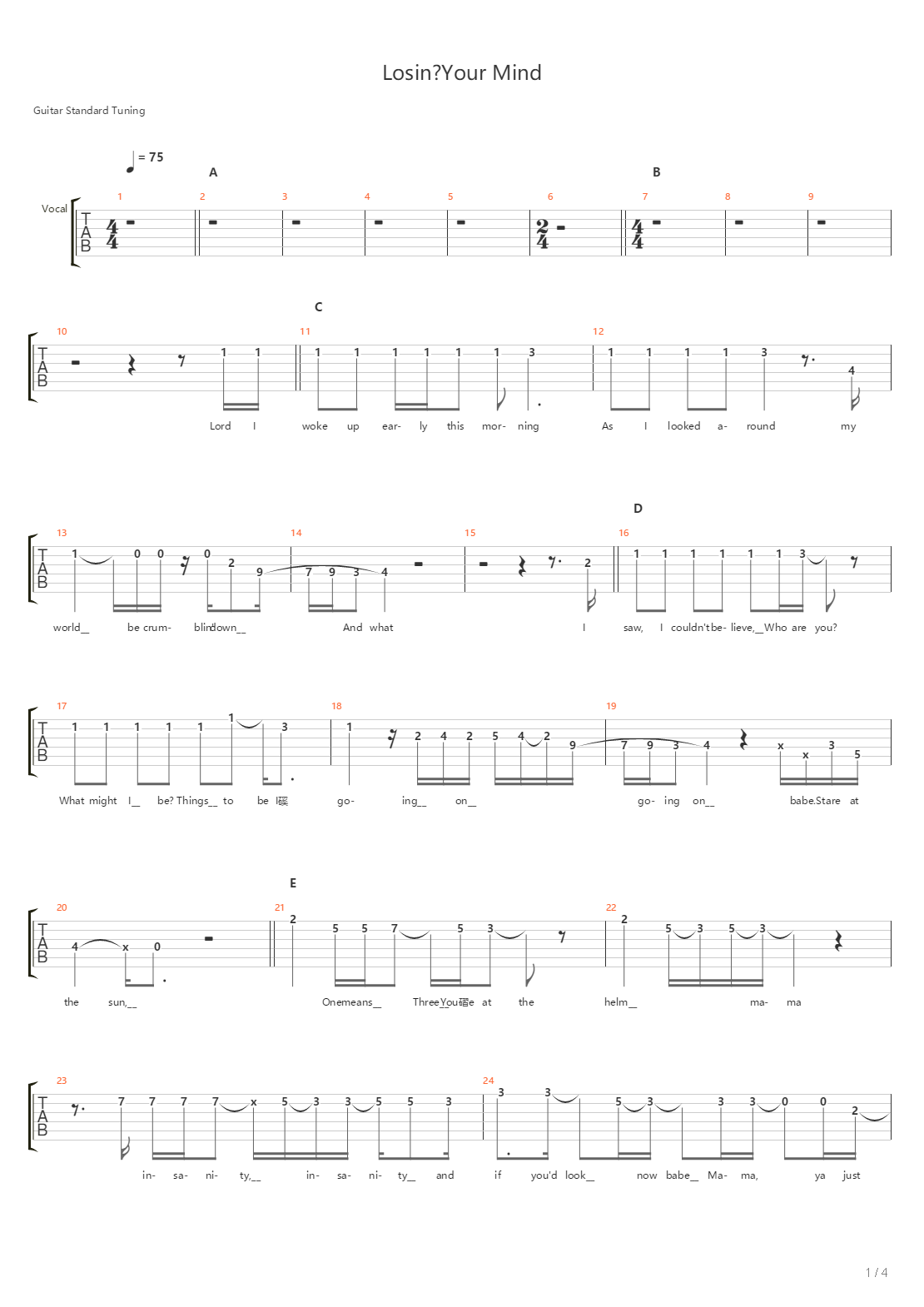 Losin Your Mind吉他谱