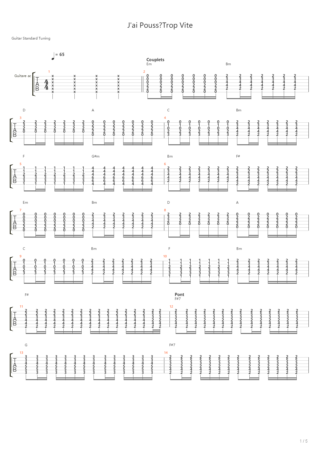 Jai Pousse Trop Vite吉他谱