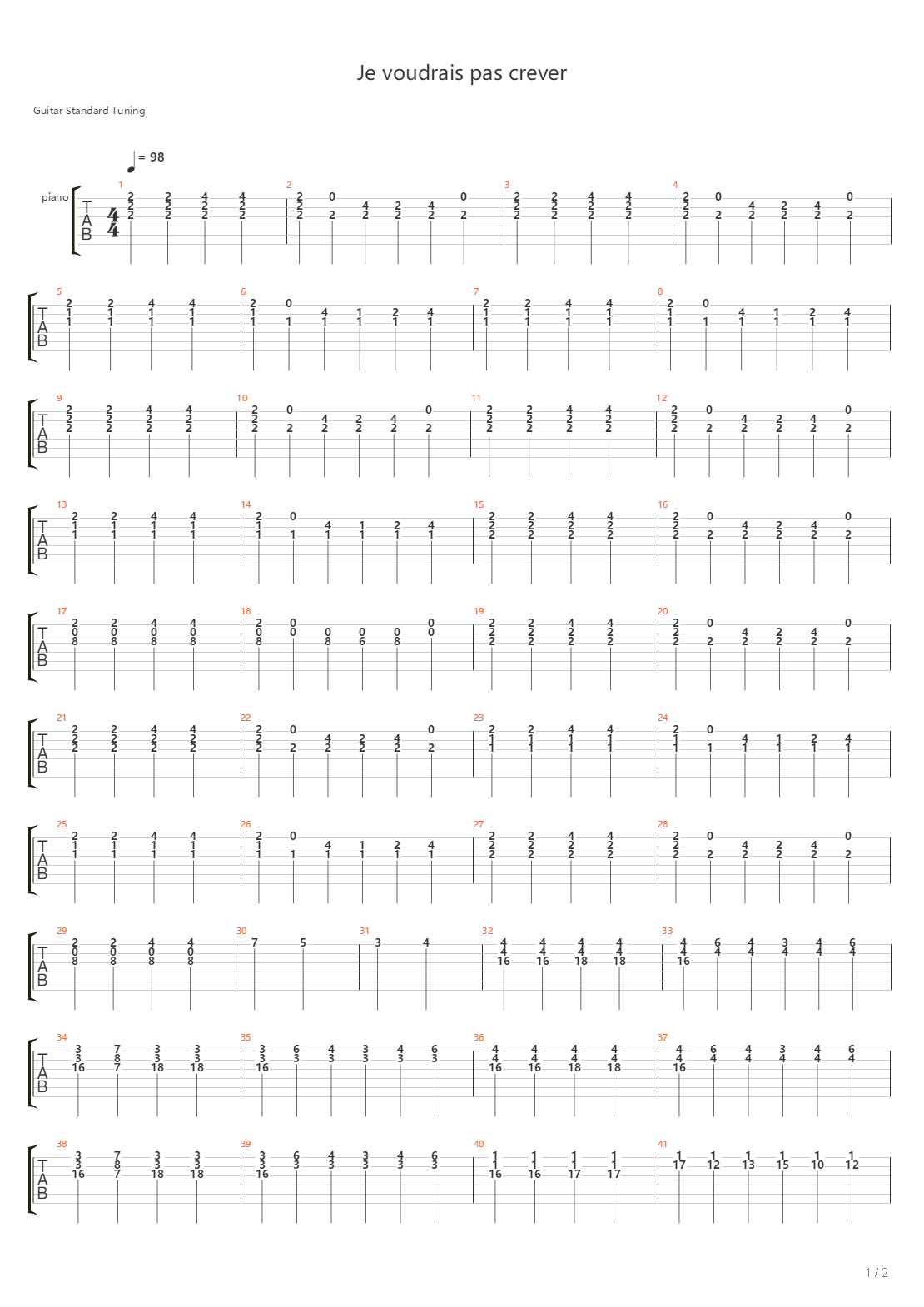 Je Voudrais Pas Crever吉他谱