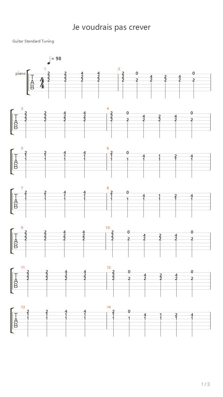 Je Voudrais Pas Crever吉他谱