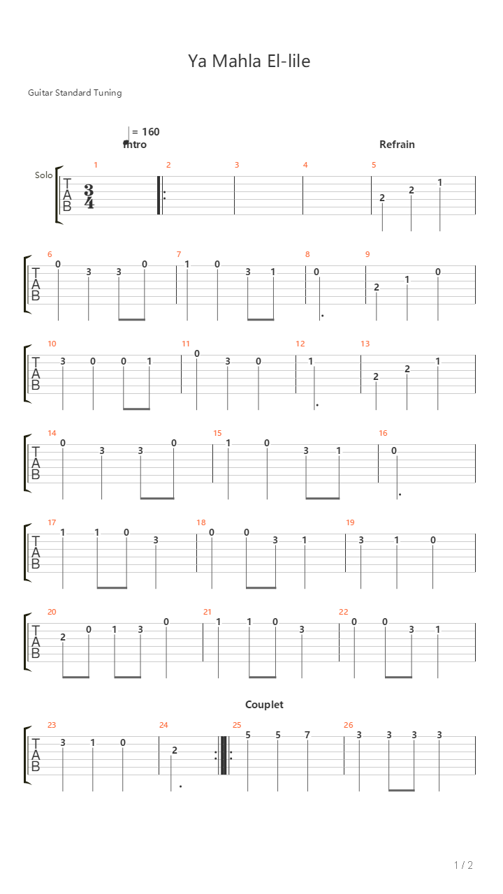 Ya Mahla El Lili吉他谱
