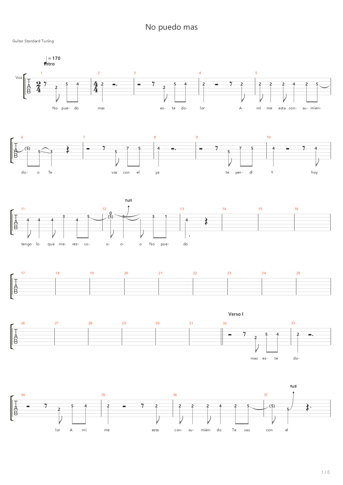 No Puedo Mas吉他谱