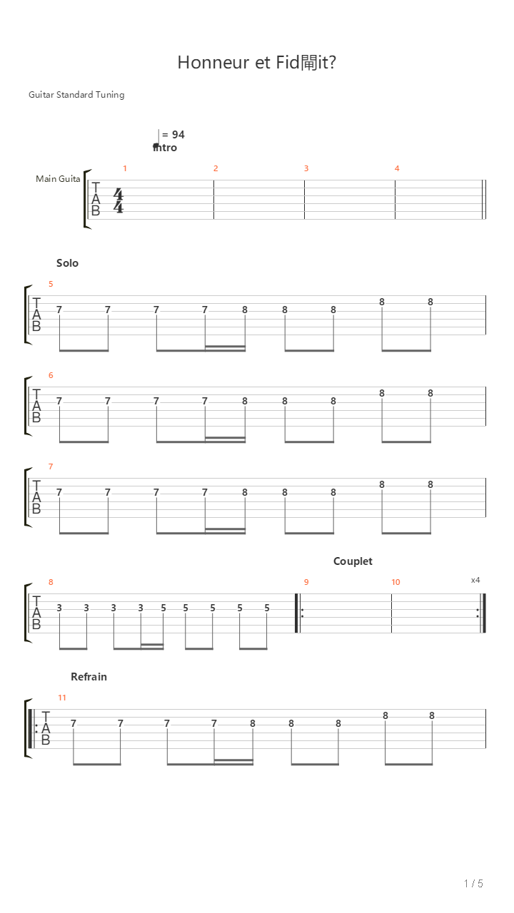 Honneur Et Fidelite吉他谱