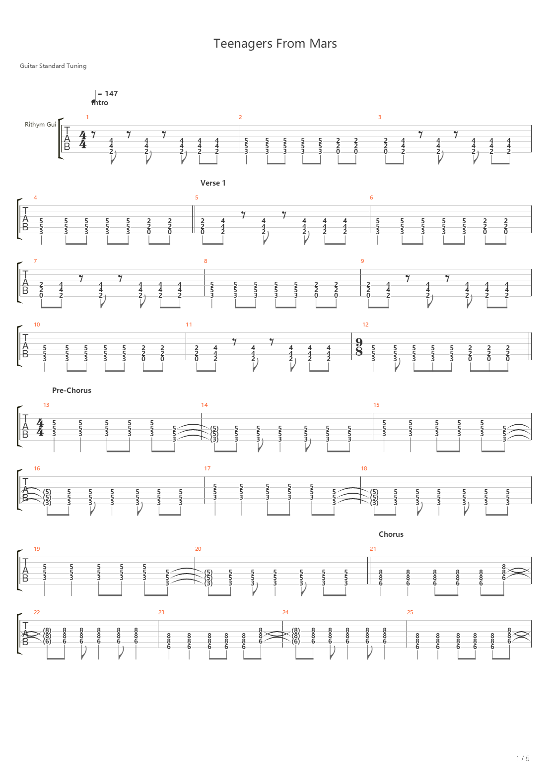 Teenagers From Mars吉他谱