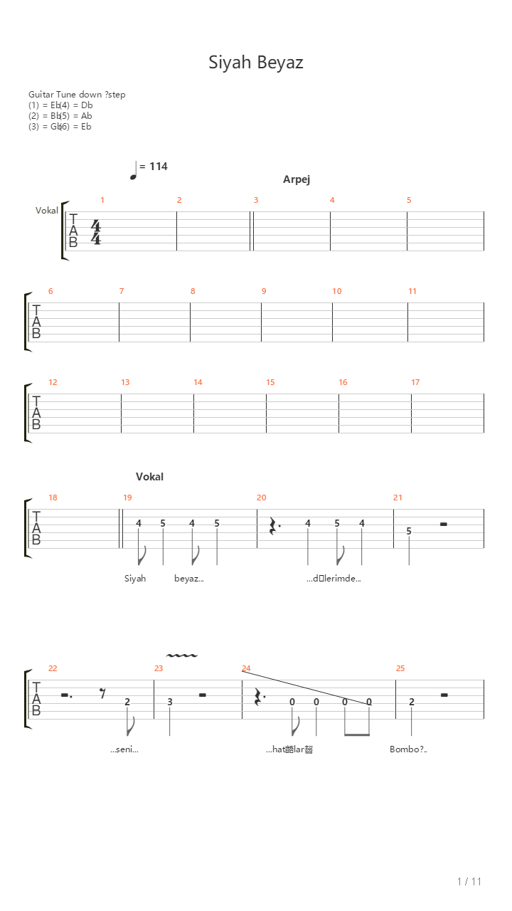 Siyah Beyaz吉他谱