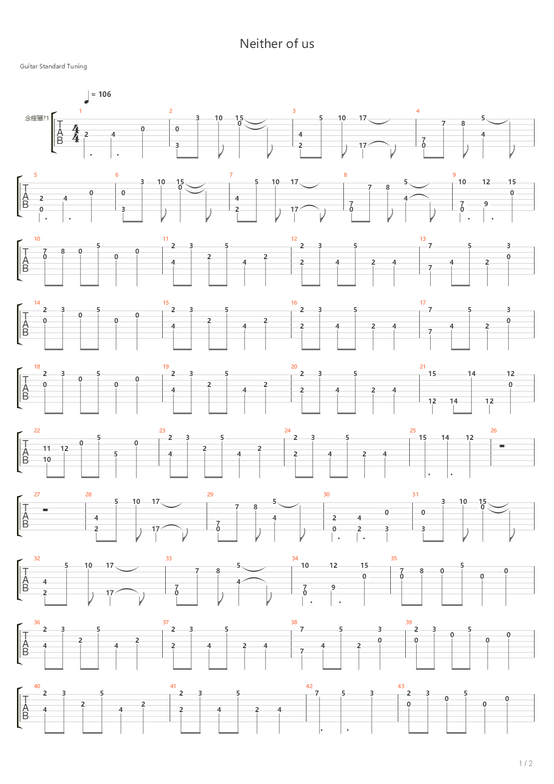 Neither Of Us吉他谱