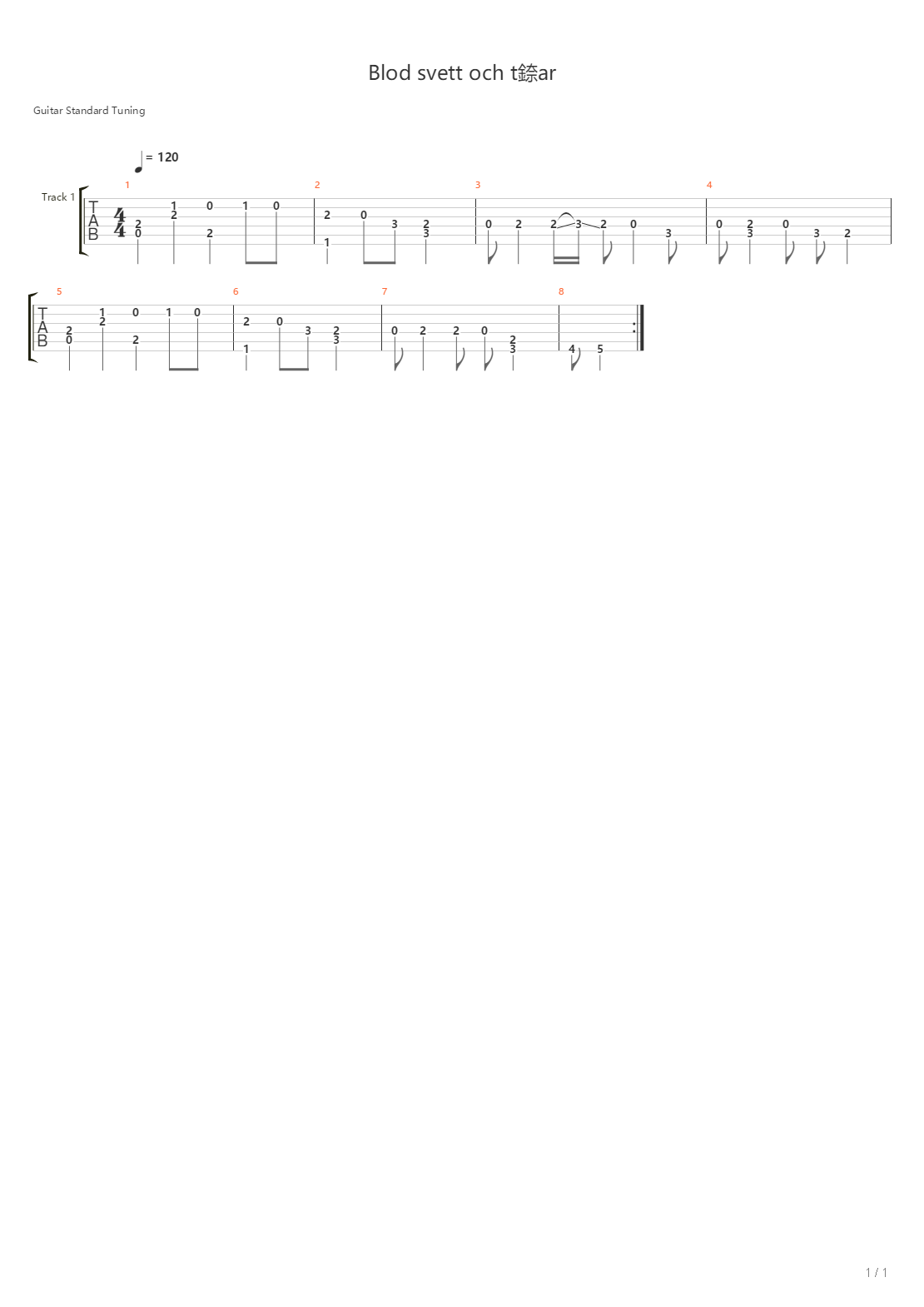 Blod Svett Och Tarar吉他谱
