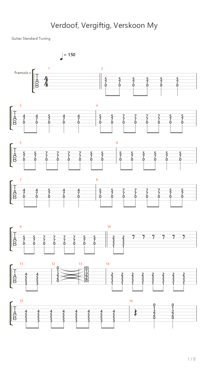 Verdoof Vergiftig Verskoon My吉他谱