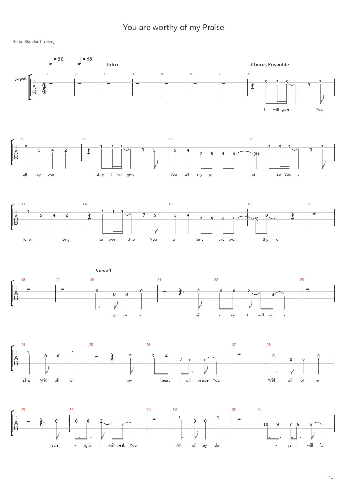 You Are Worthy Of My Praise吉他谱
