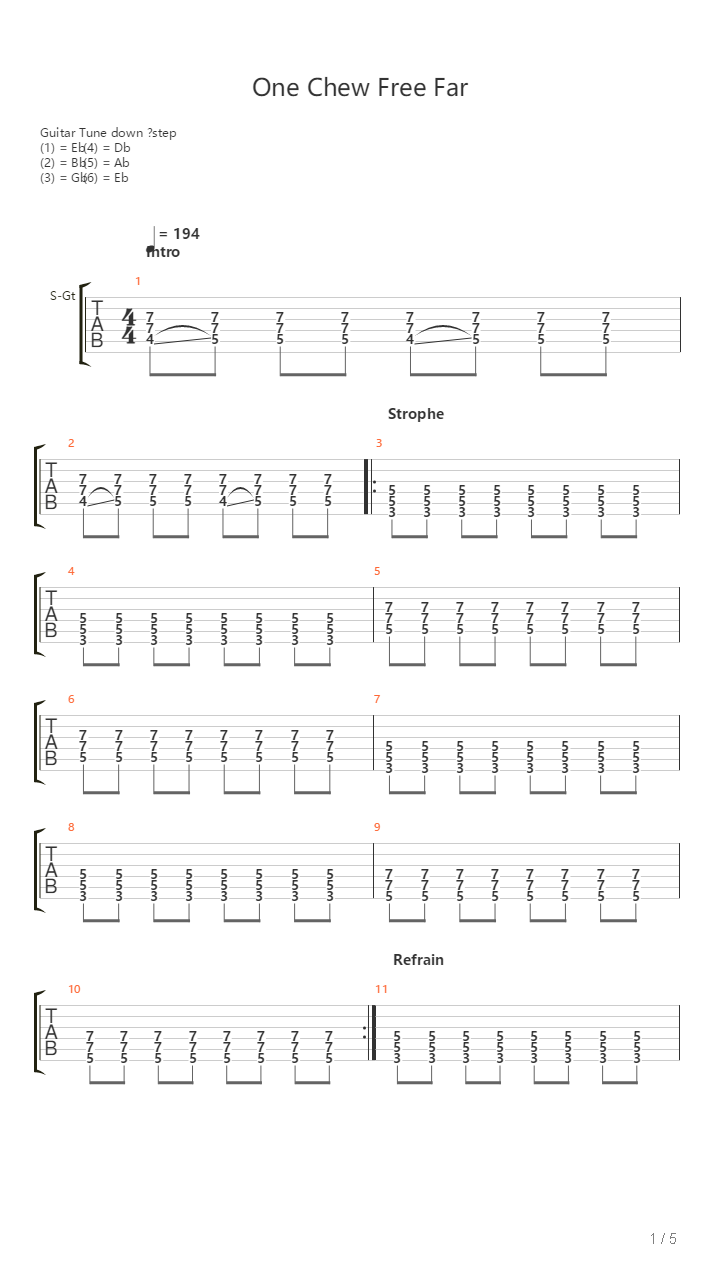 One Chew Free Far吉他谱