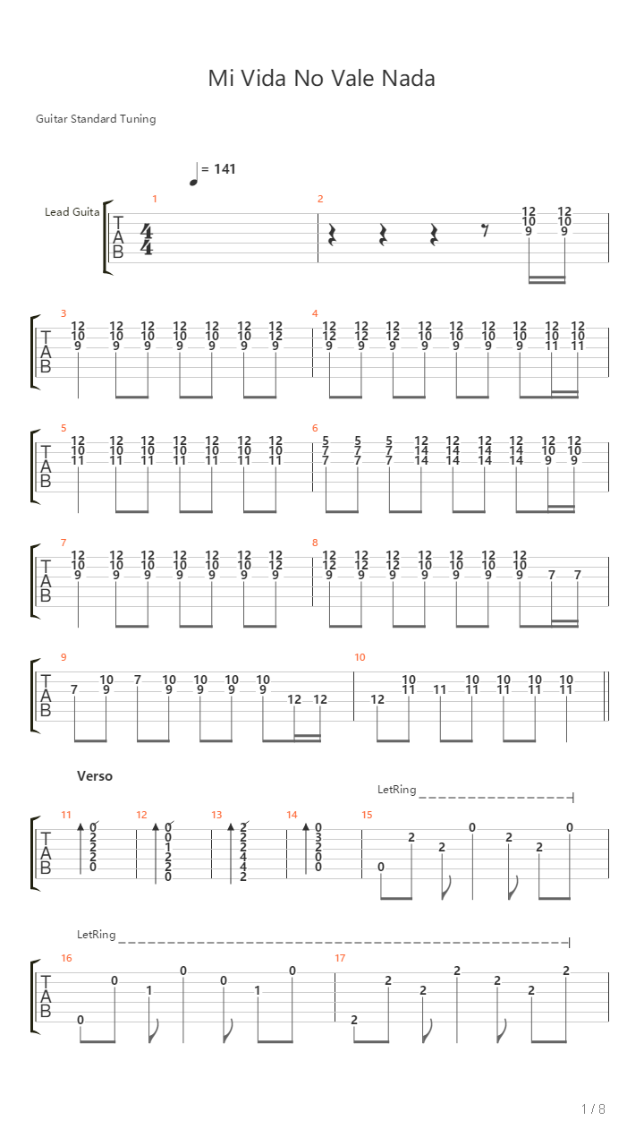 Mi Vida No Vale Nada吉他谱