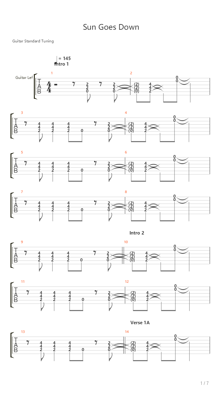 Sun Goes Down吉他谱