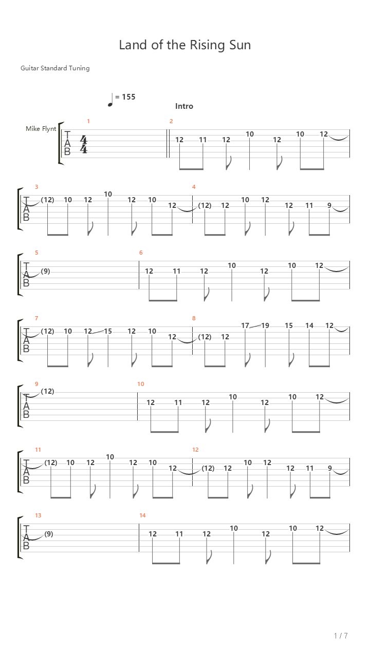 Land Of The Rising Sun吉他谱