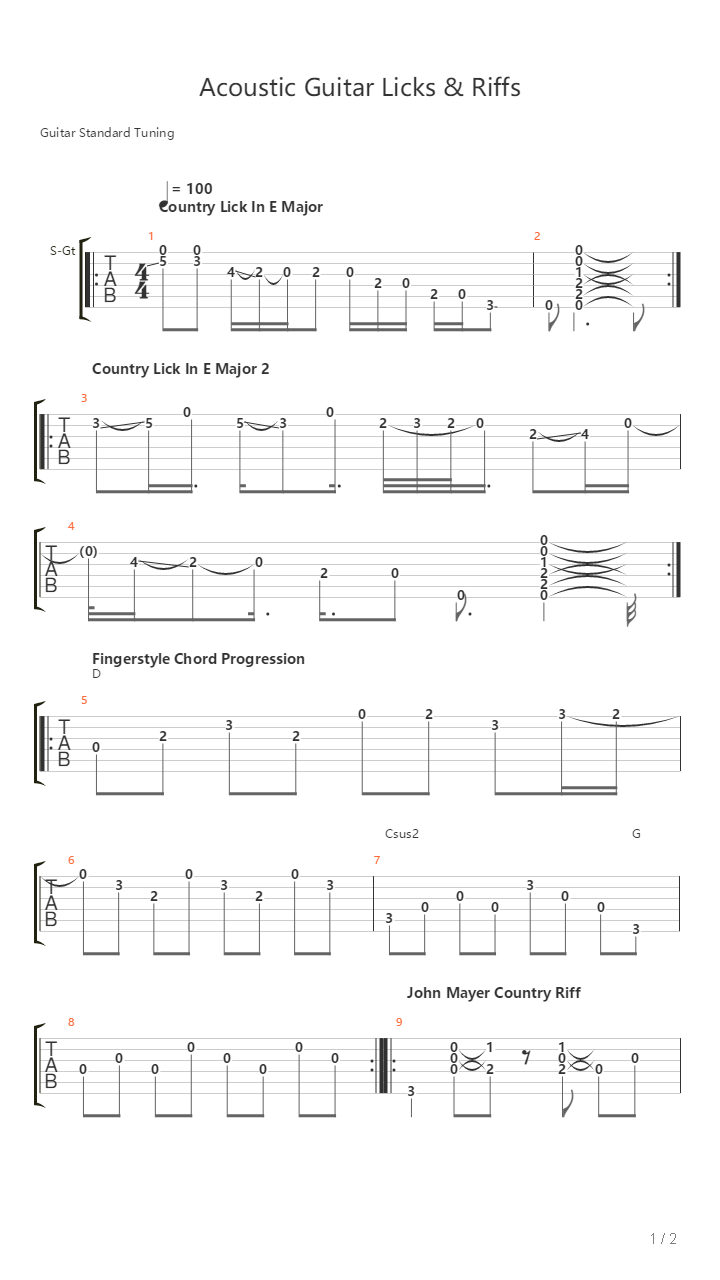 Acoustic Guitar Licks And Riffs吉他谱