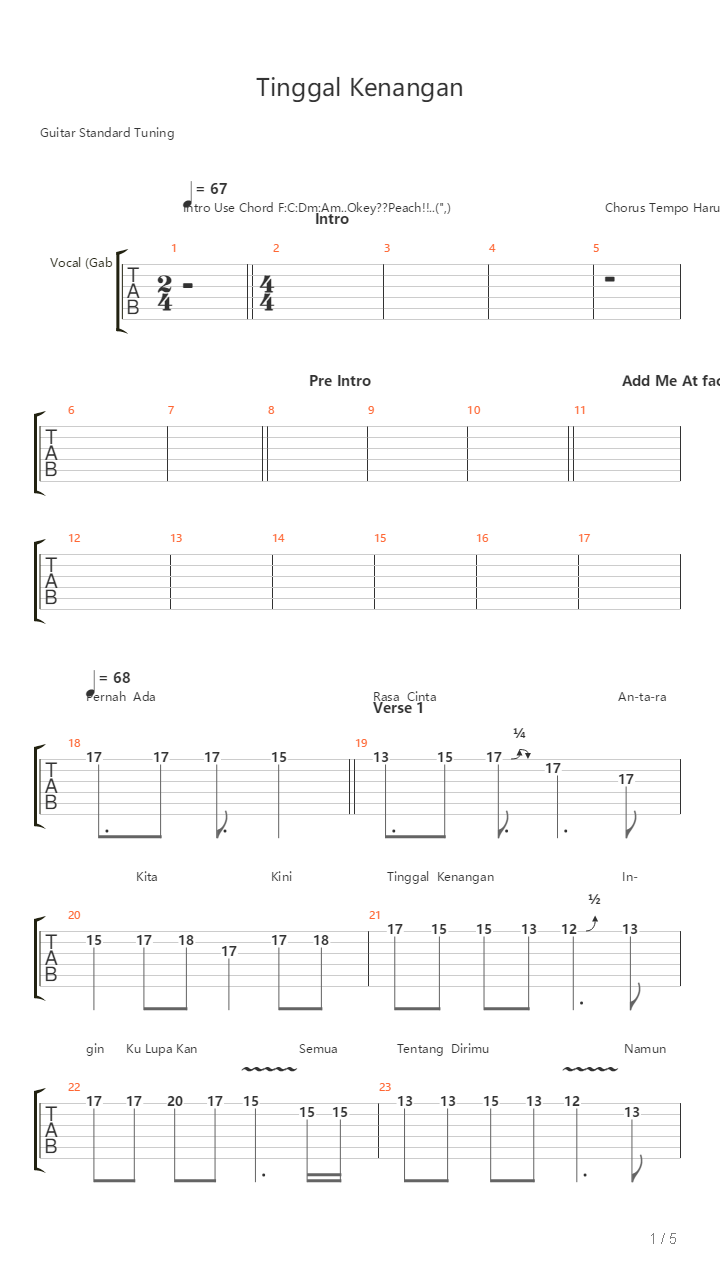 Tinggal Kenangan吉他谱