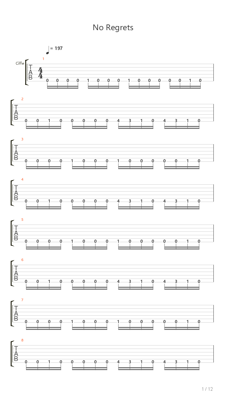 No Regrets吉他谱