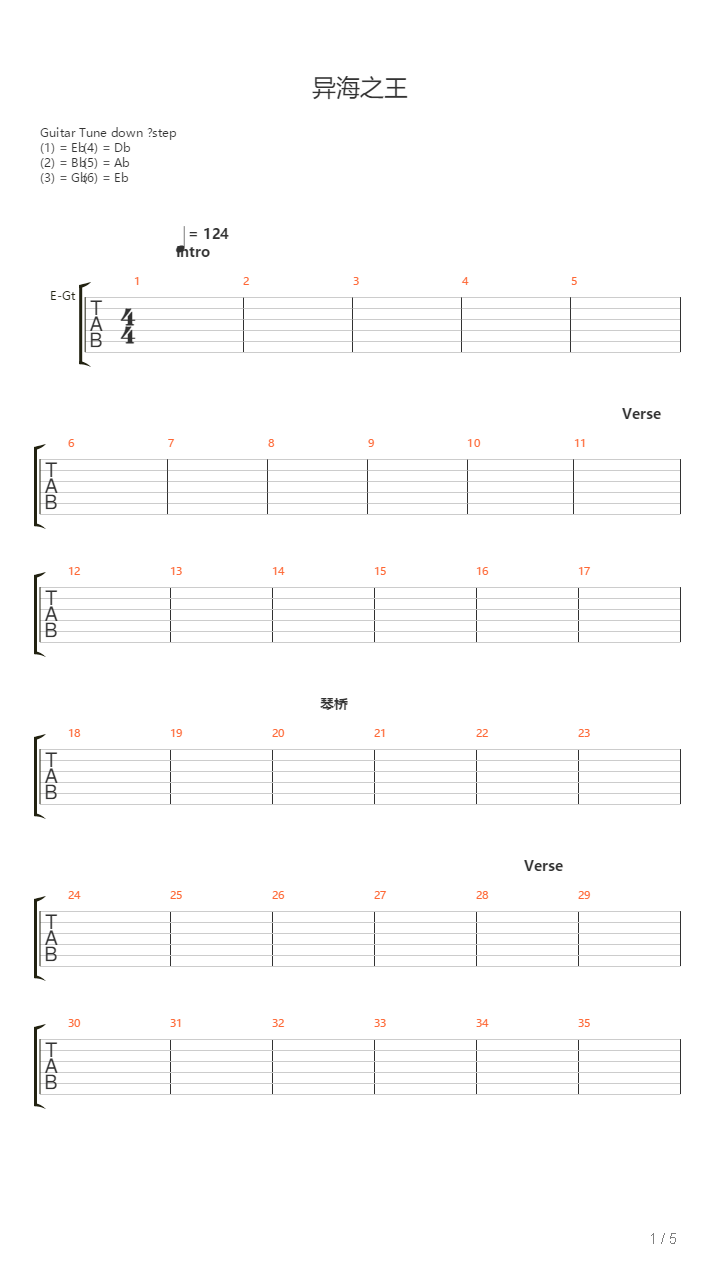 异海之王（乐队版）吉他谱