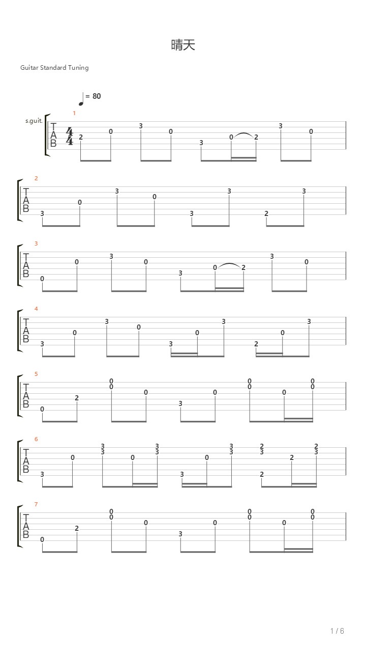 晴天（必弹吉他 指弹版）吉他谱