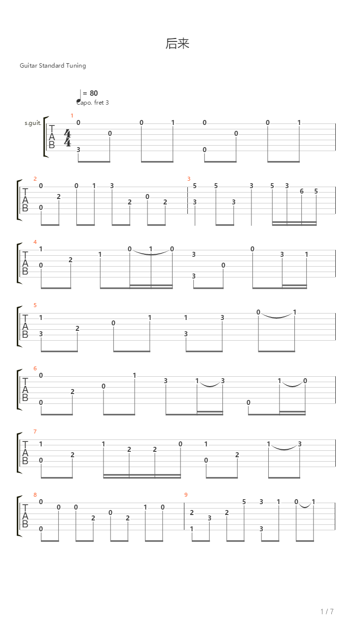 后来（指弹版 必弹吉他）吉他谱