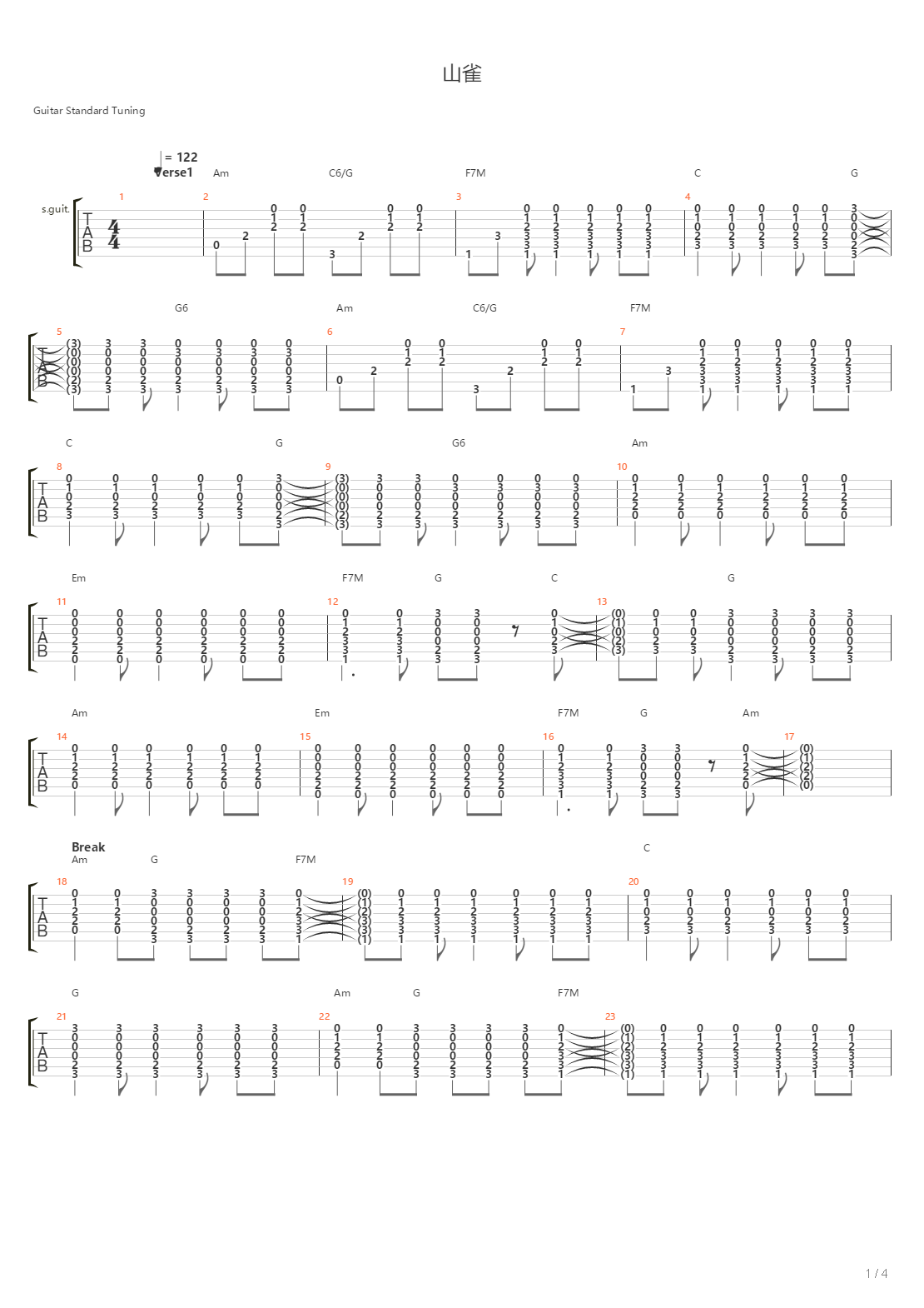 山雀（吉他部分）吉他谱