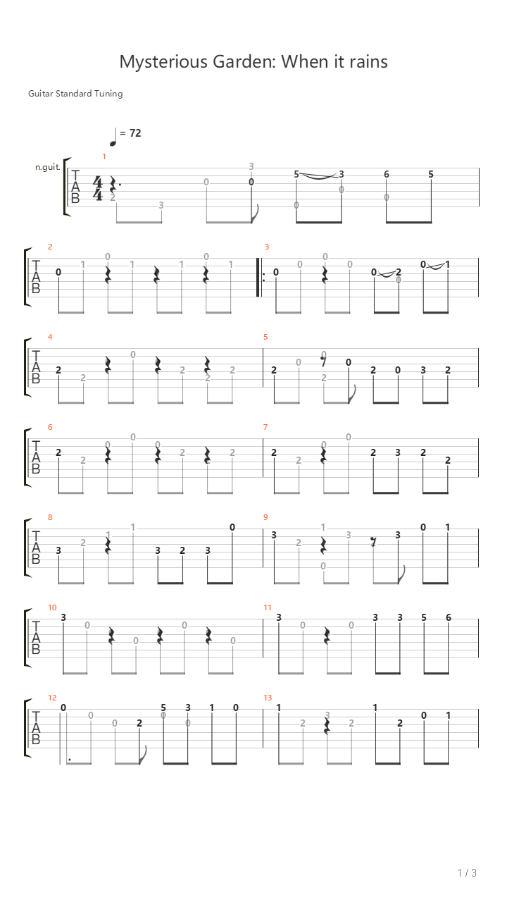 神秘花园 - 下雨的时候(Mysterious Garden: When it rains)吉他谱