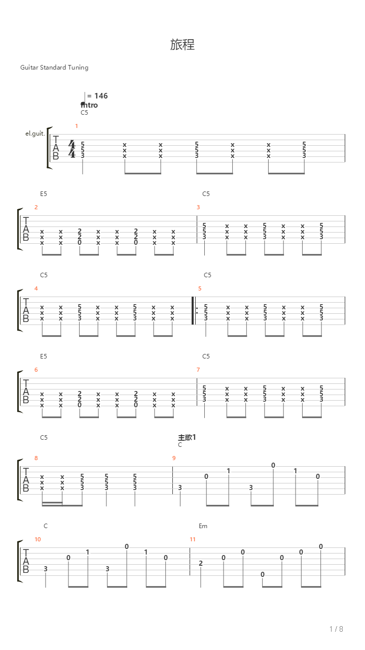 旅程（摇滚版C转D调）吉他谱