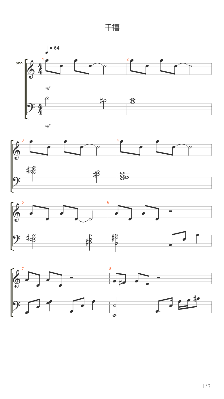千禧（C大调钢琴谱 Guitar Pro）吉他谱