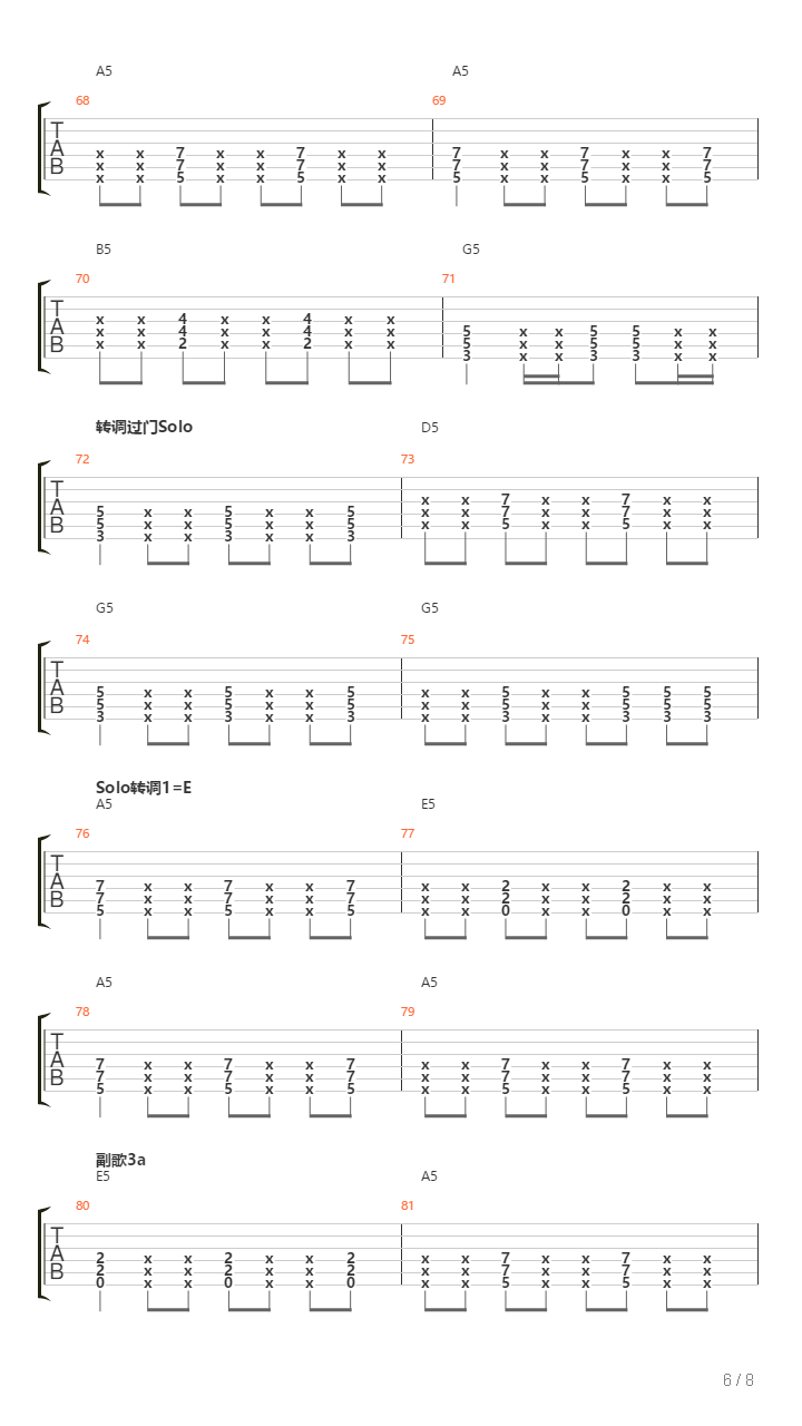旅程（摇滚版G转A调）吉他谱