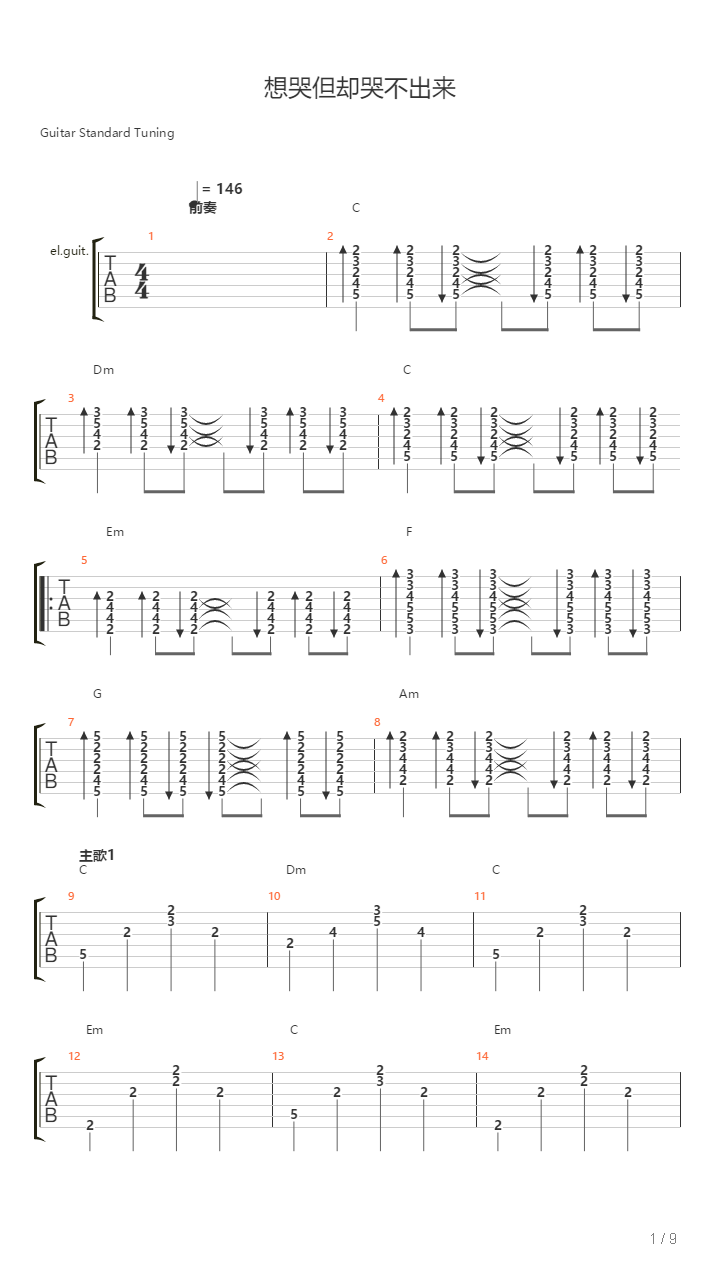 想哭但却哭不出来（摇滚版D调）吉他谱