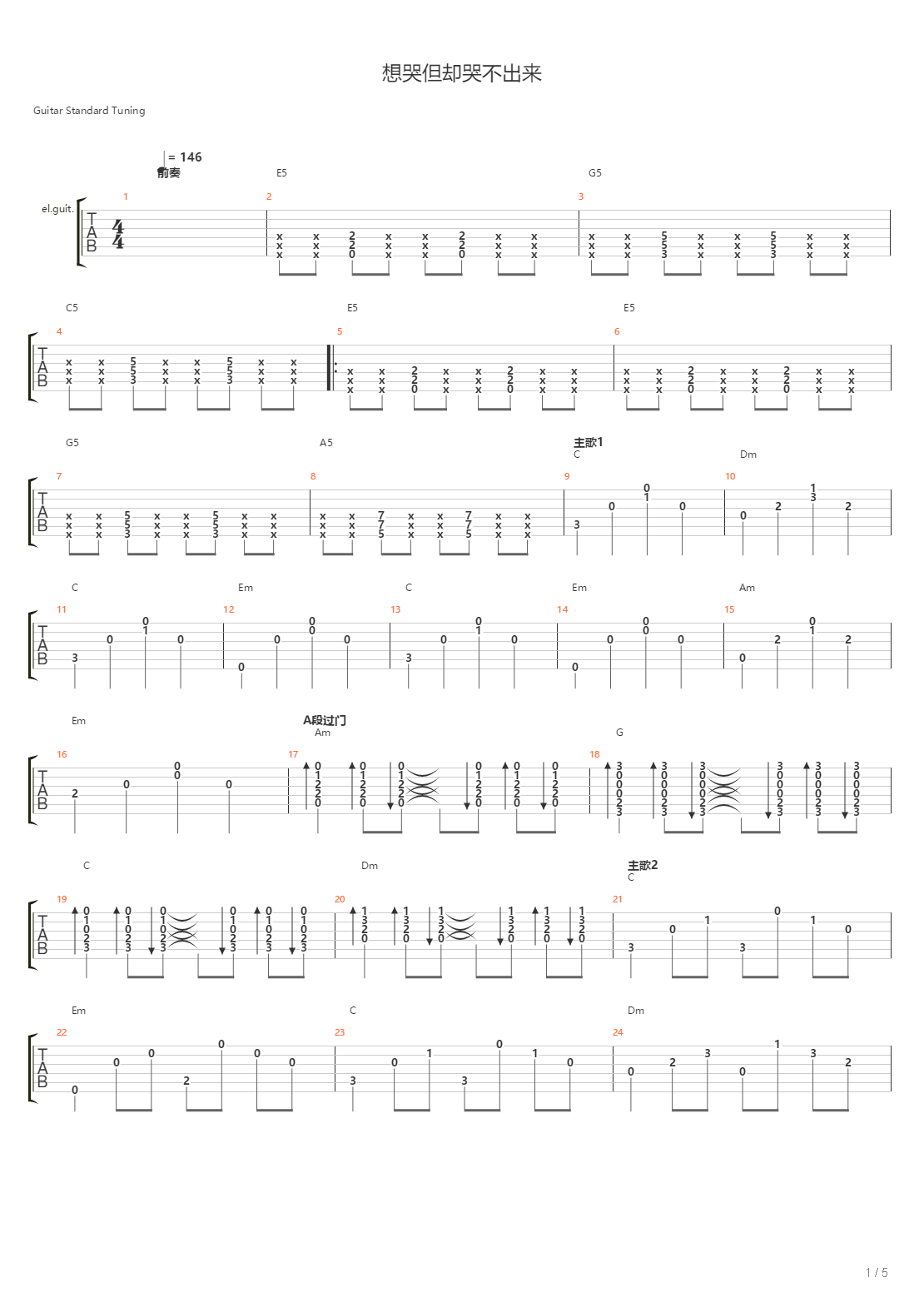 想哭但却哭不出来（流行版C调）吉他谱