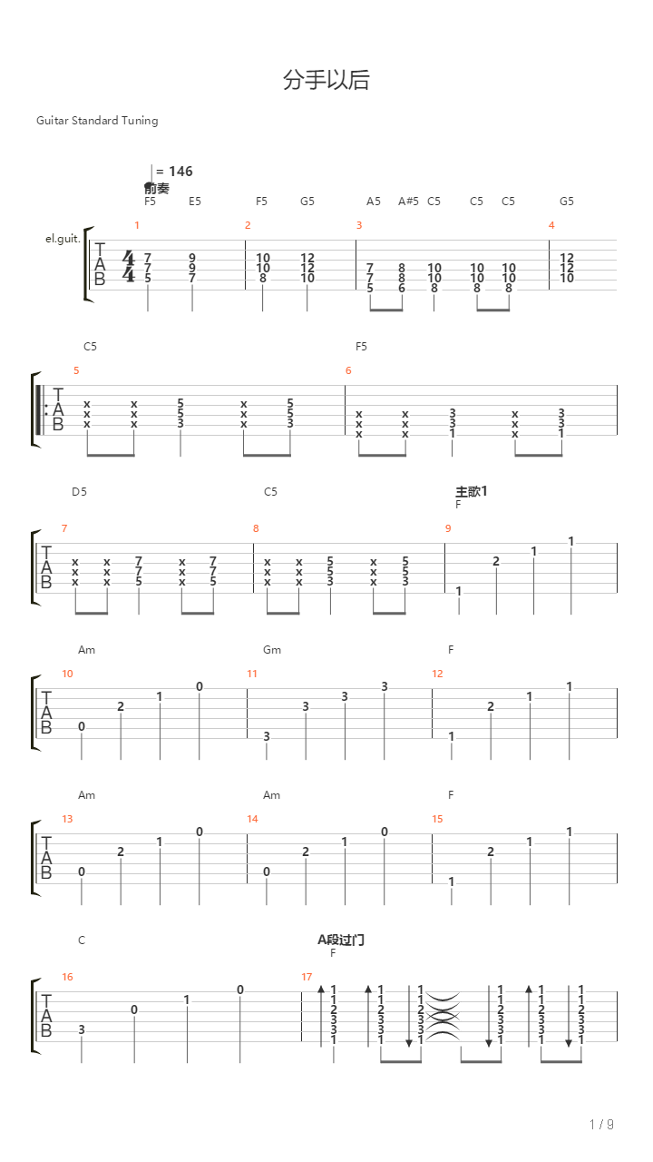 分手以后（摇滚版F转G调）吉他谱