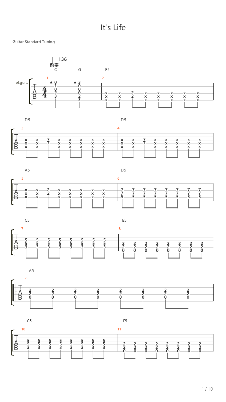 It's Life（流行版C调）吉他谱