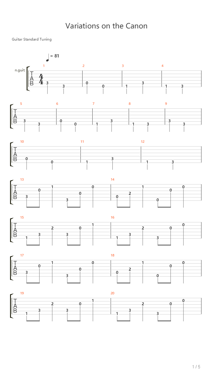 卡农变奏曲（四重奏，Variations on the Canon by Pachelbel）吉他谱