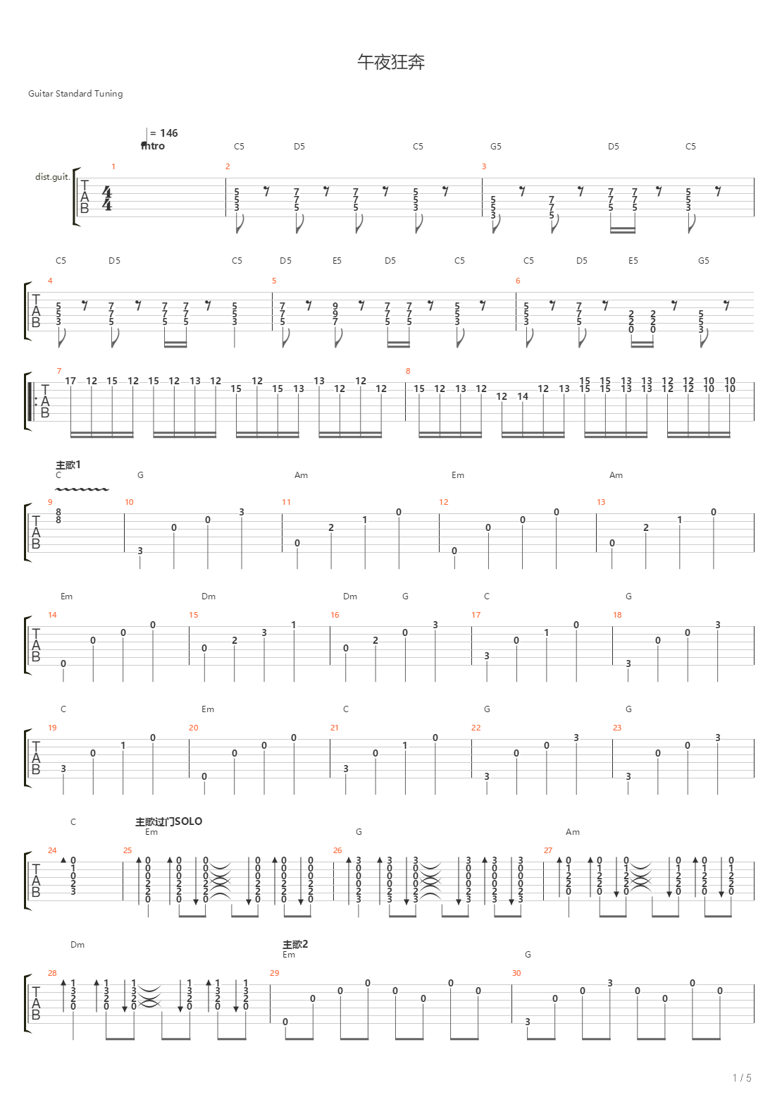 午夜狂奔（流行版C调）吉他谱