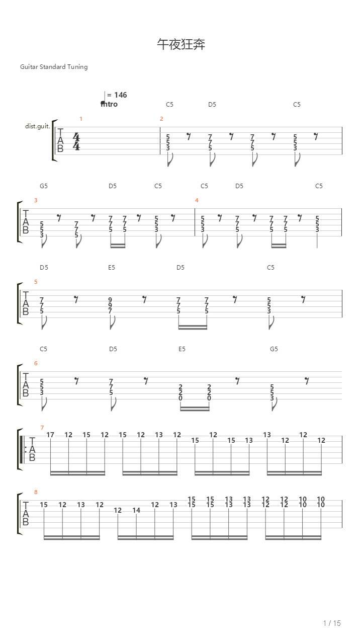 午夜狂奔（摇滚版C调）吉他谱
