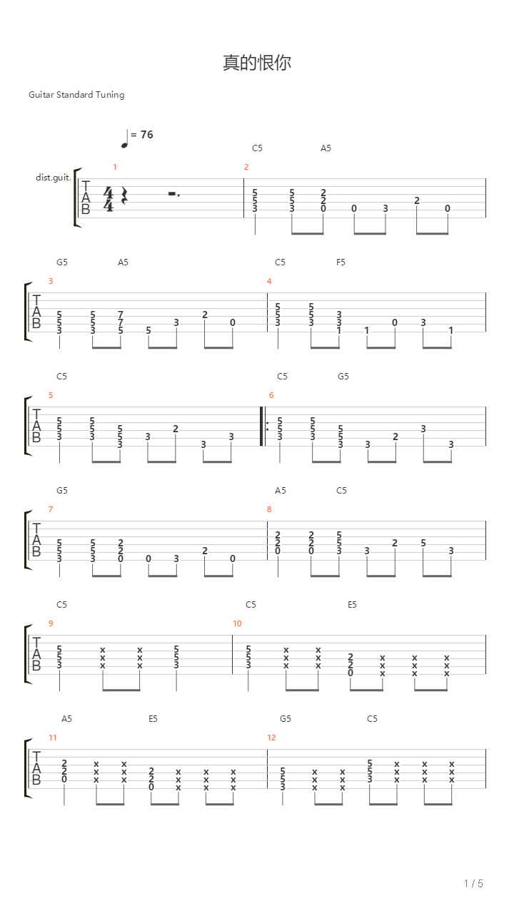 真的恨你（金属版C调）吉他谱