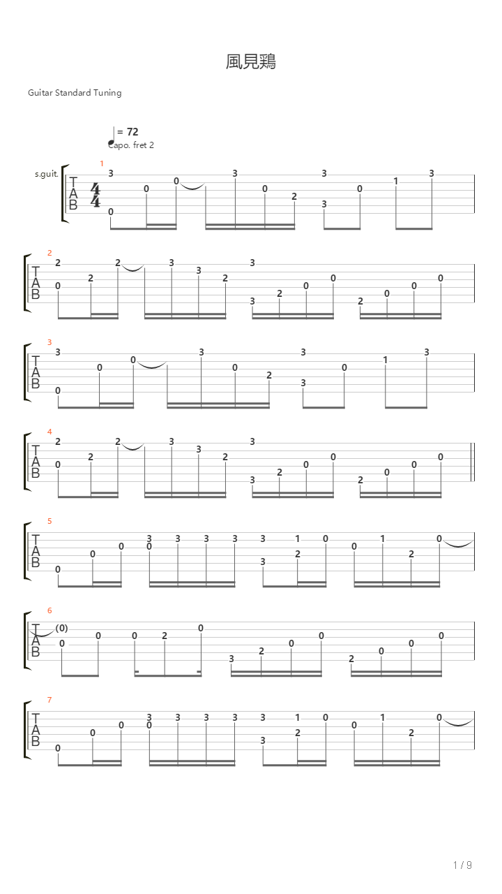 風見鶏（Kazamidori，风向仪，单吉他，指弹）吉他谱