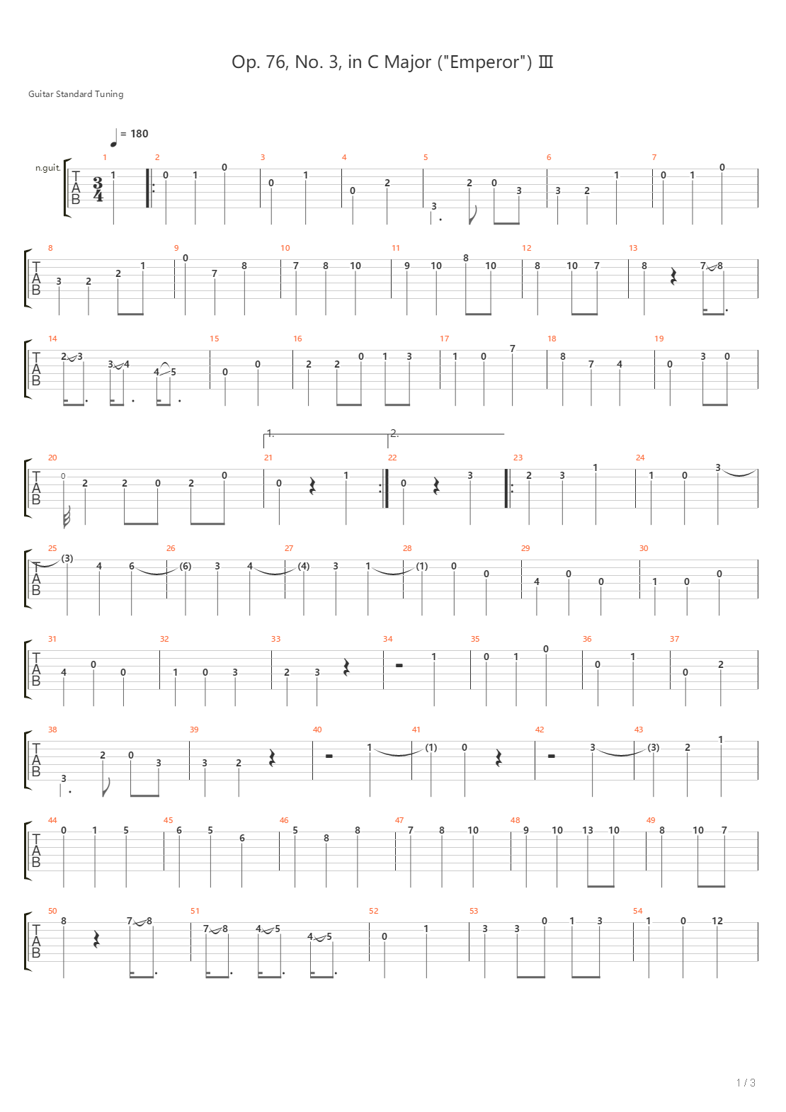 皇帝四重奏第三乐章（String Quartet Op. 76, No. 3, in C Major ("Emperor") Ⅲ）吉他谱