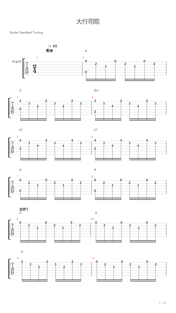 大行司歌（外婆的澎湖湾-改编摇滚版A调）2吉他谱