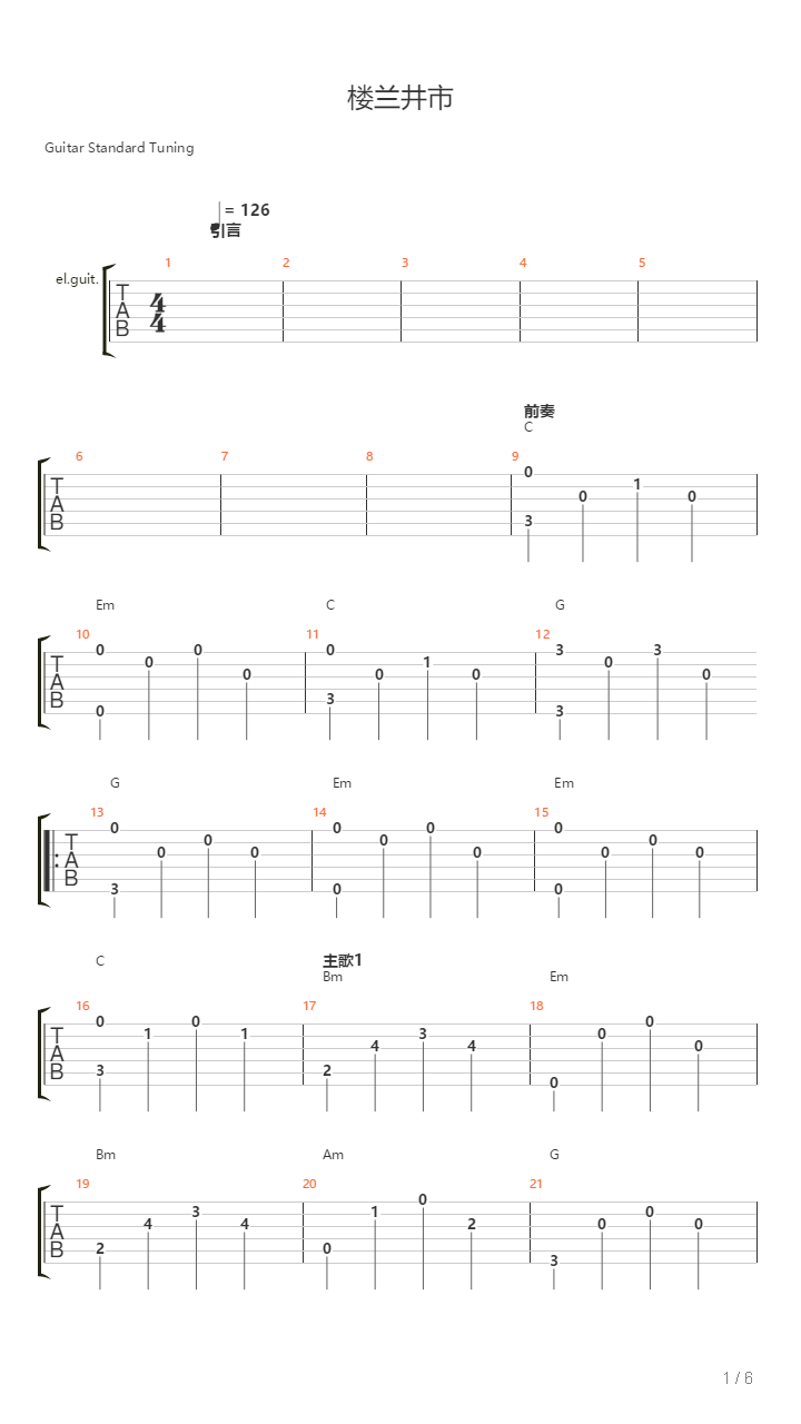 楼兰井市（流行版C调）吉他谱