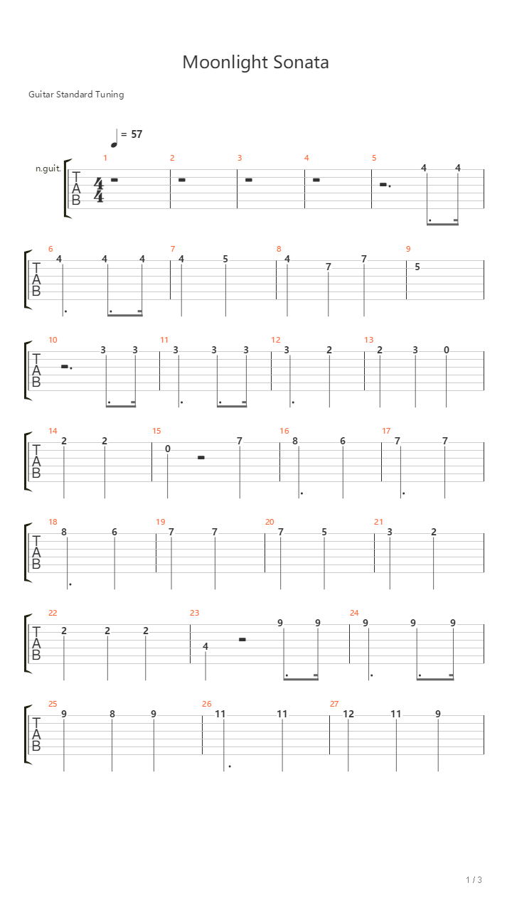 Piano Sonata No.14, Op.27 No.2（Moonlight，升c小调第十四钢琴奏鸣曲，月光，第一乐章，四重奏）吉他谱