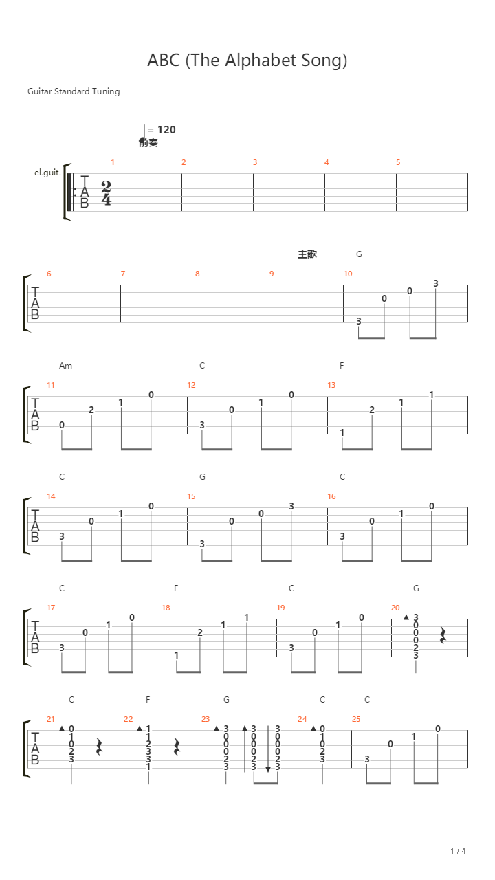 ABC (The Alphabet Song)(民谣版C转D调)吉他谱