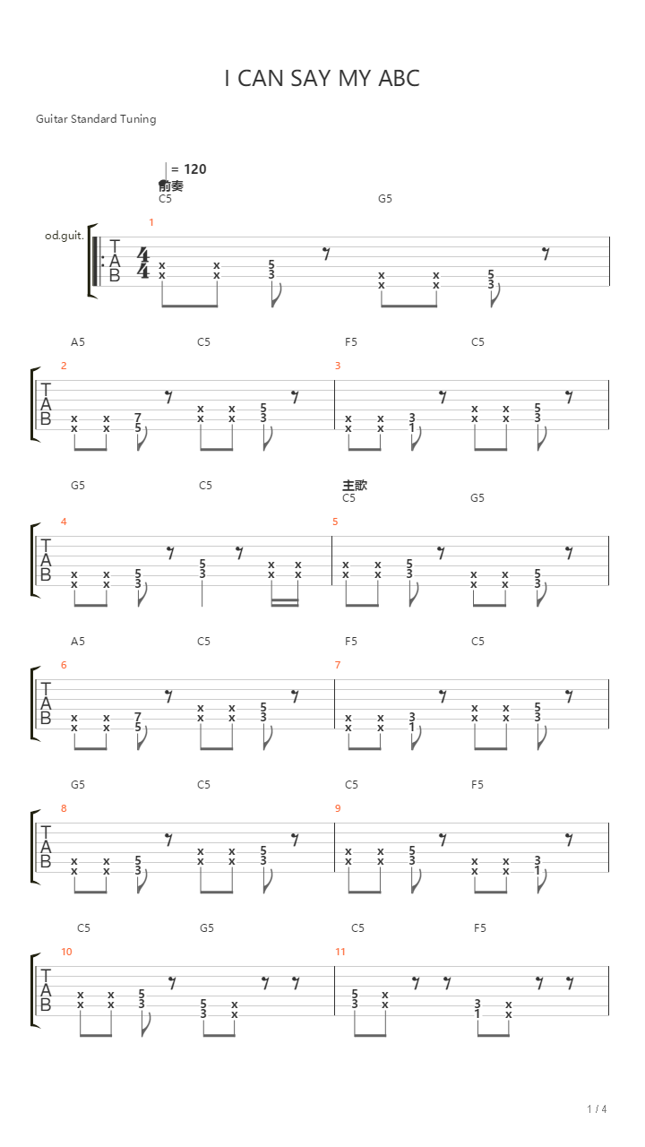 ABC (The Alphabet Song)(摇滚版C转D调)吉他谱