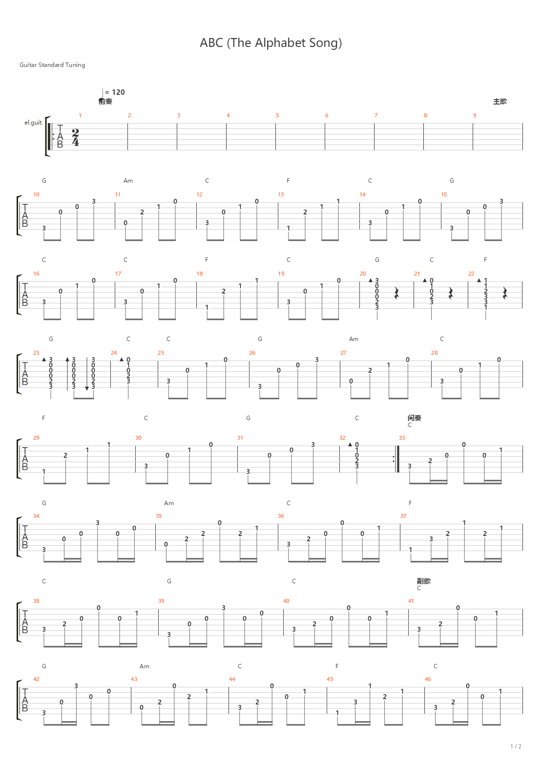 ABC (The Alphabet Song)（民谣版C调）吉他谱