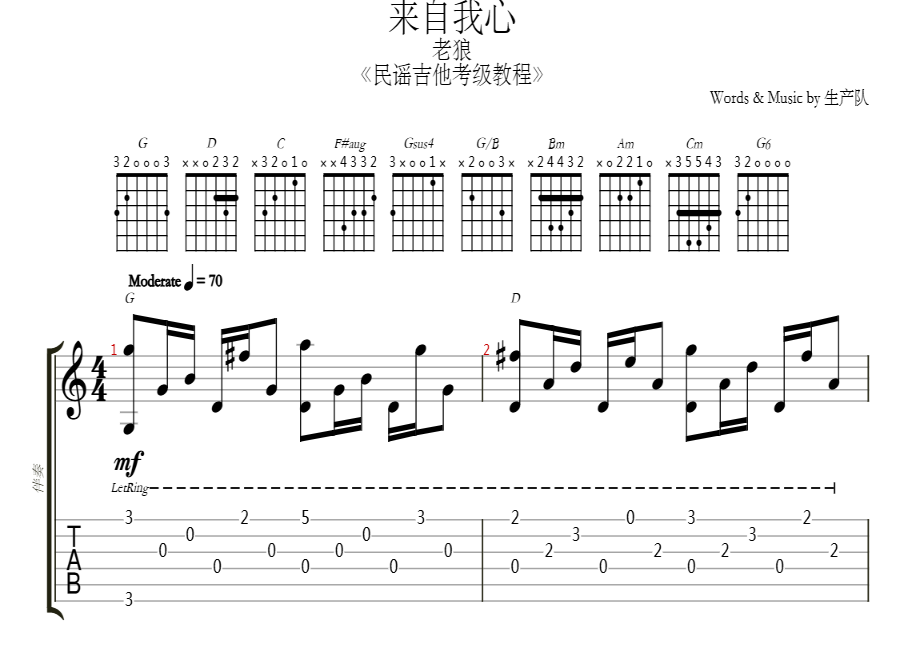 来自我心【民谣九级】吉他谱预览