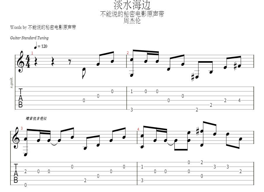 淡水海边 （不能说的秘密插曲）吉他谱预览