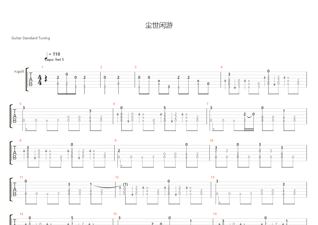 尘世闲游入门级吉他谱图片