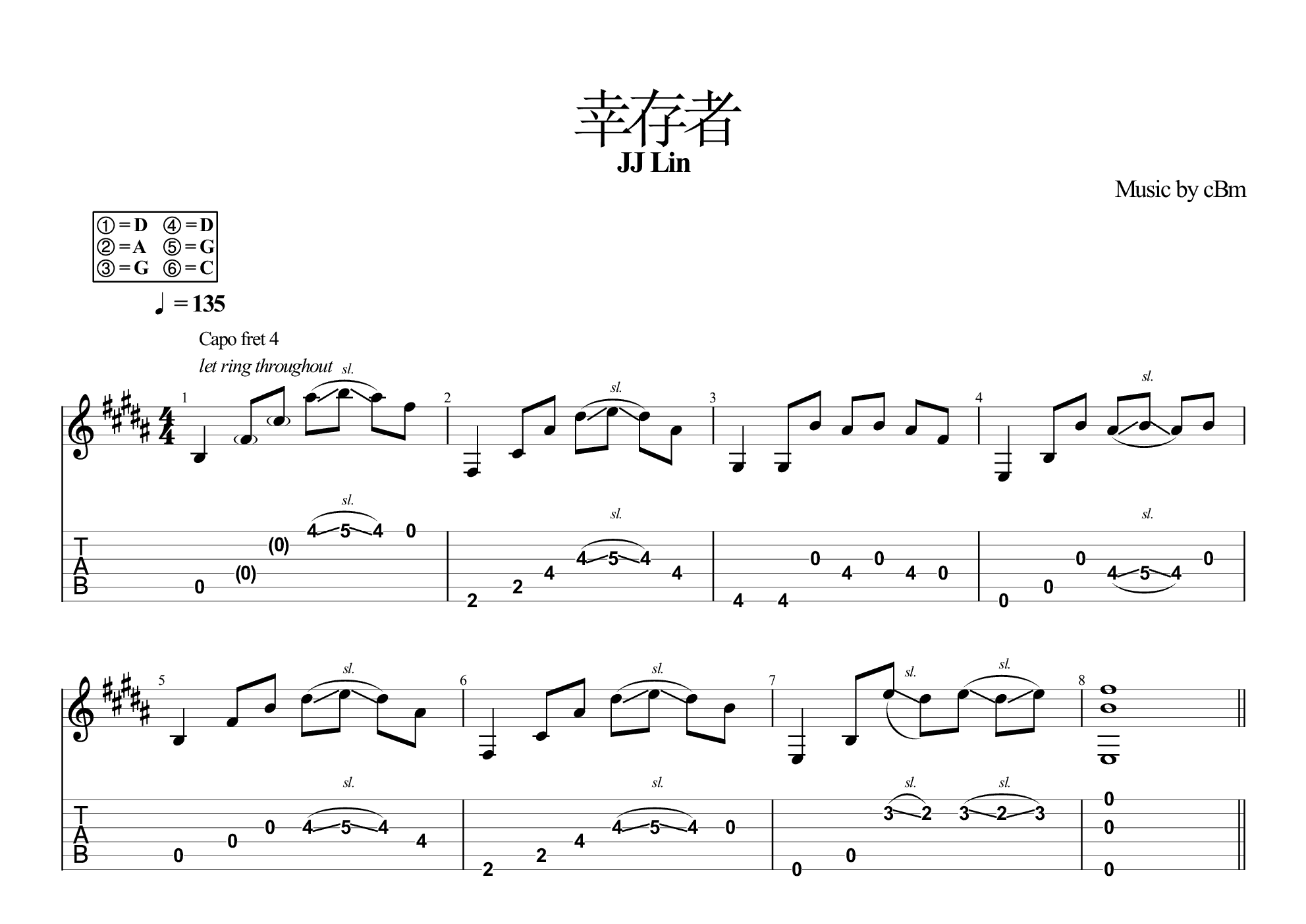 幸存者(改编by cbm)吉他谱(pdf谱,指弹)_林俊杰(jj) - 吉他社