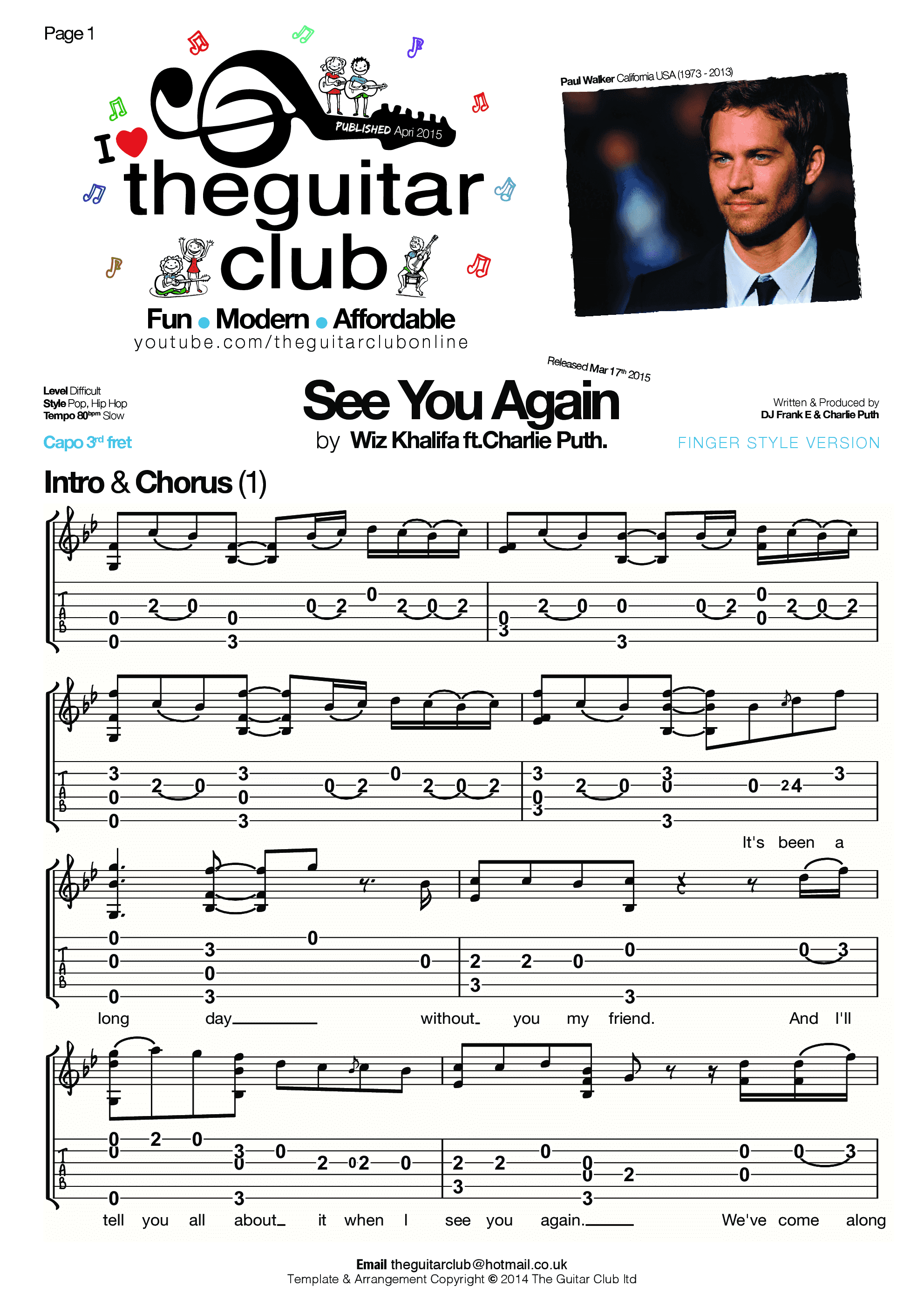 See You Again(《速度与激情7》片尾曲)吉他谱1