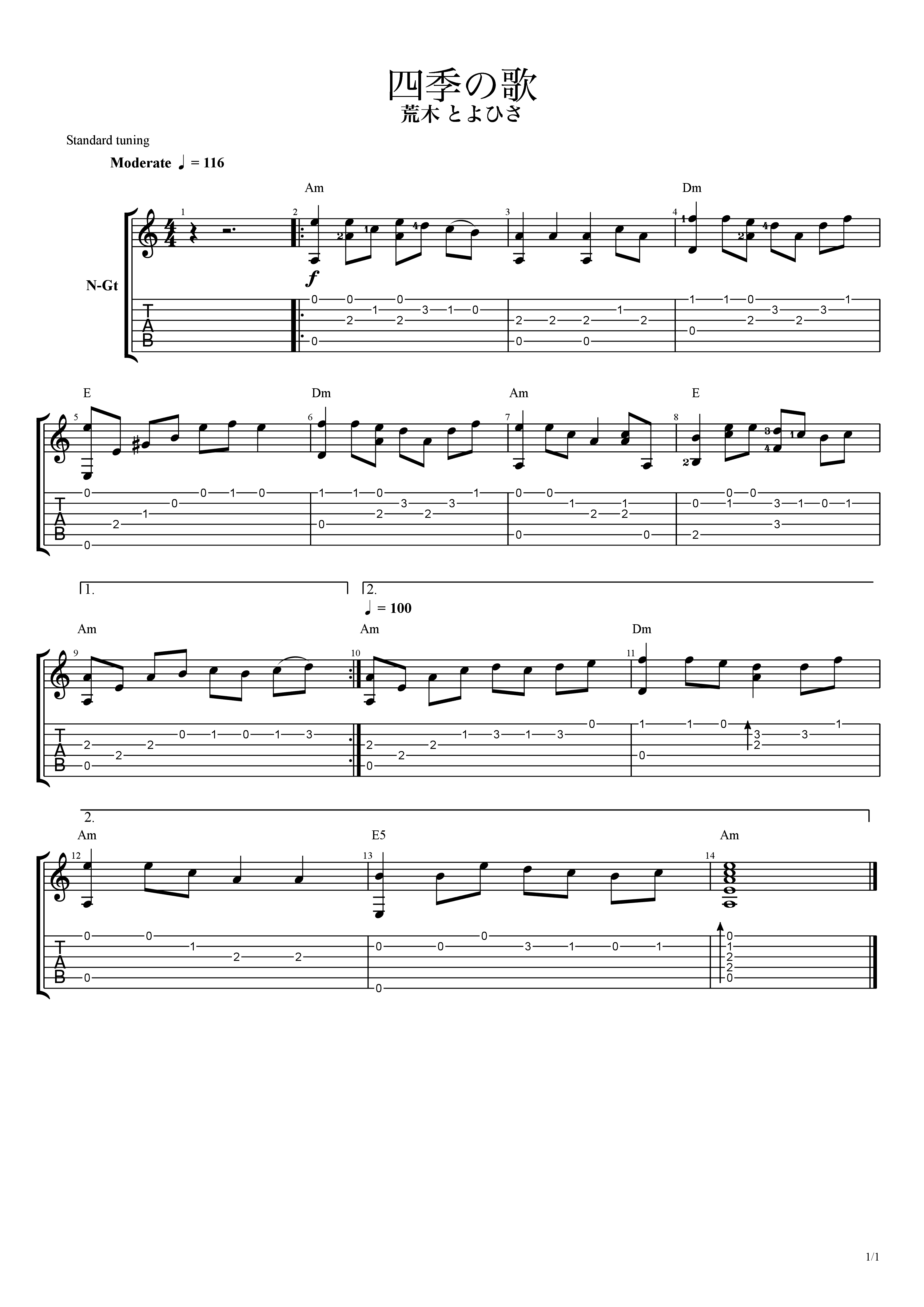 四季の歌变奏（指法标记）吉他谱1